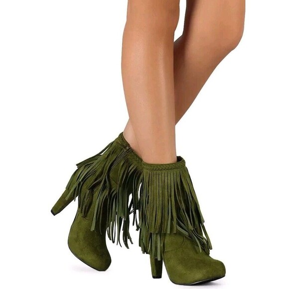 Green Suede Layerel Fringe Chunky Heels Boho Booties Shoes Boots Phoebe 11 Sz 6 - Picture 8 of 8